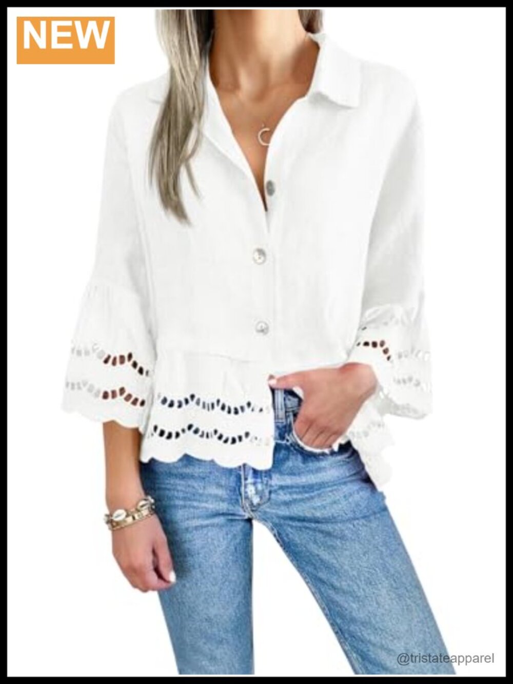 3/4 Bell Sleeve Button Down Blouse V-Neck Loose Fit Casual Shirt